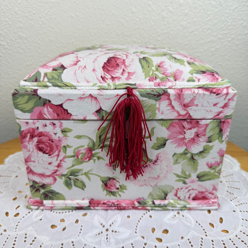 Vintage 80s 90s Pink Floral Fabric Storage Jewelry Box Romantic Cottage Prairie